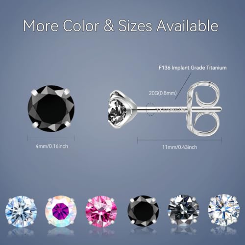 Moissanite Stud Earrings, G23 Hypoallergenic Titanium Stud Earrings for Women Men, Round Cut D Color VVS1 Clarity 18K White Gold Palted Multicolor Moissanite Jewelry, 0.6CT-3.0CT - color: Black, size: (0.3ct*2)-4mm-0.6 Carat