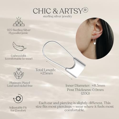 CHIC & ARTSY 925 Sterling Silver Safety Pin Earrings - Lightweight Comfortable Punk Paperclip Cartilage Hoop Earrings, Trendy Industrial Style Jewellery for Women and Men - color: White-#1