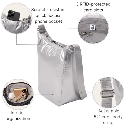 Baggallini Swift Mini Crossbody Bag for Women - 4.5x7 Small Travel Purse with Crossbody Strap and RFID - color: Silver Metallic