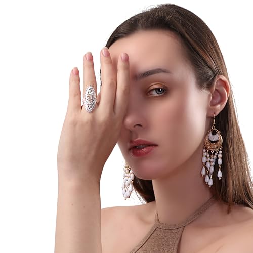 Rings for Women Summer Boho Rings Filigree Flower Ring Chunky Gold Ring Full Finger Rings Wide Band Womens Rings for Cocktail Party Birthday Gifts Statement Rings for Women - color: Silver