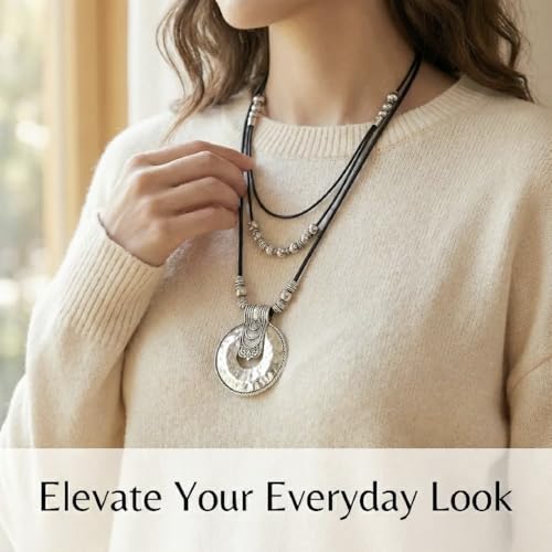 Chunky Boho Leather Necklace for Women,Silver Vintage Long Necklaces Hammered Circle Pendant Beaded Necklace Trendy Jewelry Gifts for Women