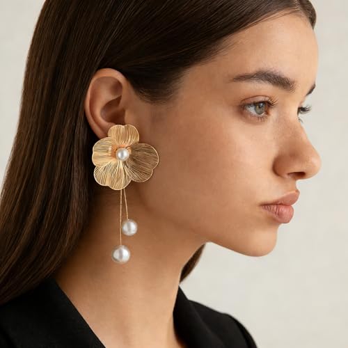 Gold Silver Filigree Floral Dangle Earrings for Women, Long Drop Statement Earrings for Vintage Wedding Jewelry - style: Gold Floral Pearl Dangle Earrings
