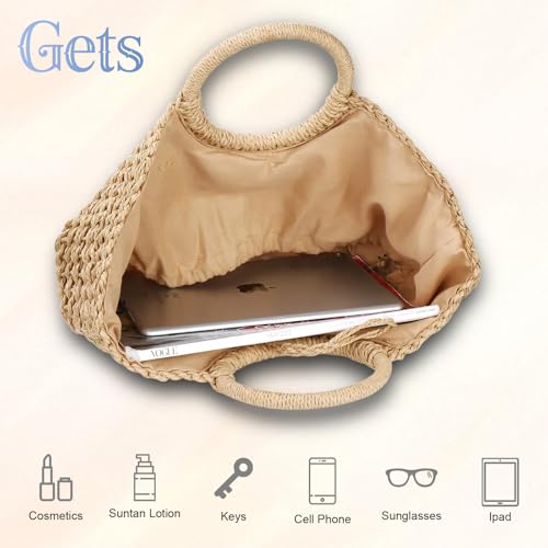 Gets Handwoven Rattan Top-handle Bag for Women Bohemian Round Straw Tote Bag Beach Large Carrying Handbag - color: Khaki