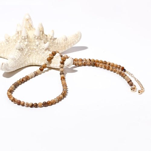 Simple Choker Necklace for Women Real Stone and Crystals Necklaces 4mm Beaded Choker Jewelry Meditation Gift for Women (16"+2") - style: Picture Jasper