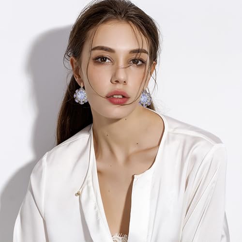 Handmade Bohemian Vintage Gold Sparkly Crystal Round Flower Leverback Earrings Cute Rhinestone Geometry Dangle Drop Earring for Women - color: Light Purple
