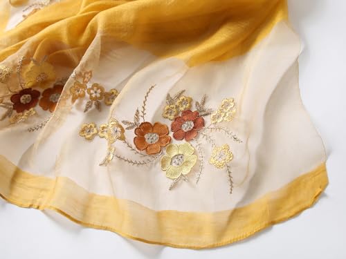 Jeelow Silk Blend Floral Fashion Scarf Shawl Wrap Lightweight Sheer For Women Floral Embroidery Wedding Party Prom - color: Petal Golden Honey