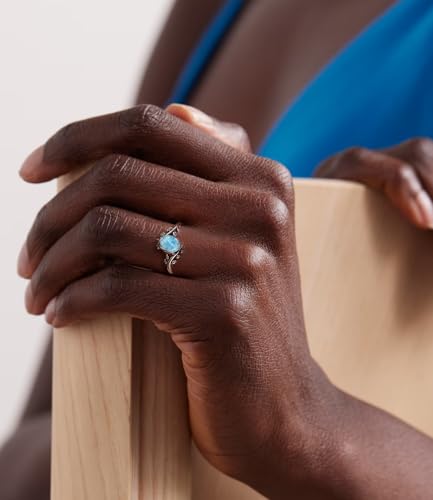 Genuine Turquoise Ring for Women Western Oval Gemstone Jewelry 925 Sterling Silver Leaf Bohemian Boho for Her Wife Mom - color: Larimar