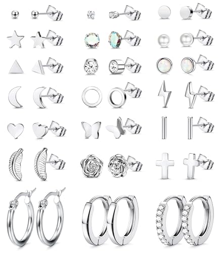 FASACCO Hypoallergenic Stainless Steel Earrings Set for Women Men | 316L Surgical Steel Silver Stud Hoop Earrings Sets for Multiple Piercing Small Cute Star Heart Butterfly Studs Huggies