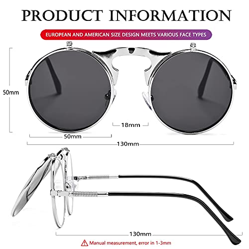 AIEYEZO Round Flip Up Sunglasses for Men and Women Rave Flip Glasses 90's Retro Steampunk Style - color: Silver/Grey