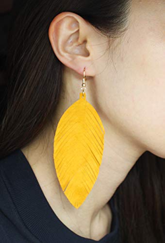 Large Genuine Soft Leather Handmade Fringe Feather Lightweight Tear Drop Dangle Color Earrings for Women Girls Fashion - color: Mustard