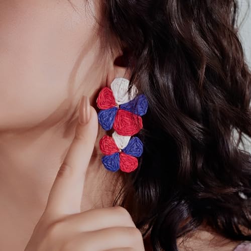 Boho Flower Earrings Statement Raffia Dangle Earrings Cute Floral Jewelry Trendy Summer Beach Vacation Outfits for Women - color: Red/White/Blue