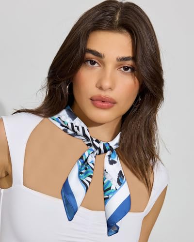 AWAYTR 27.5” Square Satin Head Scarf Hair Scarf for Women's Hair Silk Bandana for Women Silk Head Wrap for Sleeping - color: Cashew Print (Blue)