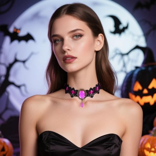 Gothic Vampire Choker Necklace for Women Adjustable Vintage Victorian Mystery Pirate Witchy Jewelry Emo Punk Black Lace Choker Costume - color: hot pink