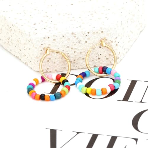 Bohemian Color Blocked Wooden Bead Earrings Simple Geometric Handmade Dangle Drop Earrings For Women