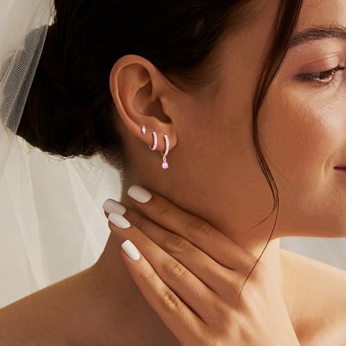 14K Gold Plated Small Huggie Hoop Earrings Set for Women, Hypoallergenic Dainty Sterling Silver Dangle Studs for Cartilage Helix, Lightweight Trendy Cute Stack Birthstone Jewelry Gift - color: 10_Pink Tourmaline_Oct_Rose Gold