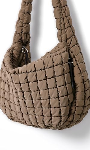 ODODOS Quilted Carryall Tote Bag for Women Crossbody Hobo Lightweight Padding Shoulder Bag - color: Brown