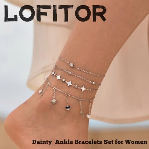 LOFITOR Ankle Bracelets for Women Glitter Waterproof Adjustable Anklet Set for Women 18K Gold Plated Silver Charm Dainty Layered Anklets, Summer Beach Anklet Jewelry for Women - style: Heart Silver