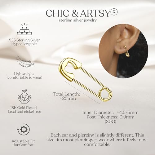 CHIC & ARTSY 925 Sterling Silver Safety Pin Earrings - Lightweight Comfortable Punk Paperclip Cartilage Hoop Earrings, Trendy Industrial Style Jewellery for Women and Men - color: Yellow-Small Heart