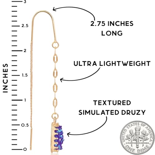 Simulated Druzy Threader Earrings for Women - Gold, Silver, or Rose Gold Tone Long Chain Earrings with Boho Created Geode Stone - color: Gold - Purple Stone