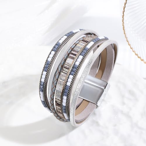 VIBILIA Boho Leather Wrap Bracelets for Women Multi-Layer Bracelets with Strong Clasp Jewelry for Women - color: 03-BohoBraid-Gray