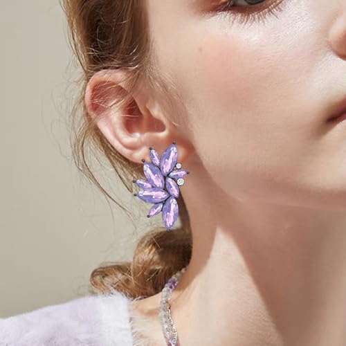 Bohemian Statement Sparkly Colourful Fancy Rhinestone Crystal Flower Dangle Drop Stud Earrings Vintage Wedding Bridal Prom Earrings for Women - color: Light Purple