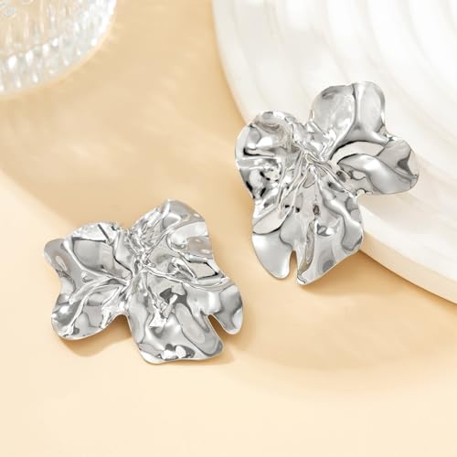 Statement Chunky Gold Large Silver Earrings for Women Trendy, Big Irregular Geometric Dainty Liquid Metal Stud Earrings Simple Prom Party Jewelry Gift - color: Silver -Cute