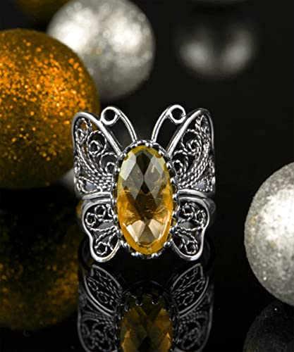 Filigranist Sterling Silver Filigree Art Butterfly Women Cocktail Ring with Gemstones - color: Citrine