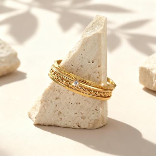CONRAN KREMIX Waterproof Gold Stackable Rings for Women Non Tarnish,Dainty 14K Gold Plated Thin Thumb Ring Set Trendy Minimalist Rings for Women - color: Gold, size: 5