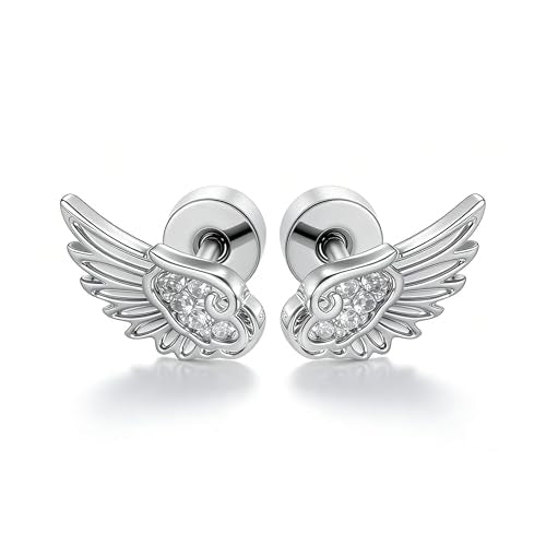 Angel Wing Stud Earrings for Women Flat Back Cartilage Earrings Zircon Crystal Stainless Steel earring Helix Piercing Jewelry