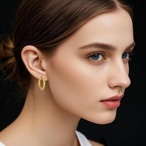 Stainless Steel Hoop Earrings for Women Gold Tone Geometric, Huggie Heart Twisted Minimalist Engraved Designs for Daily Wear - color: Gold_25mm
