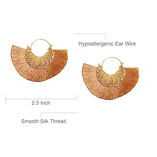 Tassel Hoop Earring Statement Thread Dangle Earrings Stylish Long Fringe Drop Earrings Lightweight Long Swingy French Hook Earrings for Women - color: B khaki