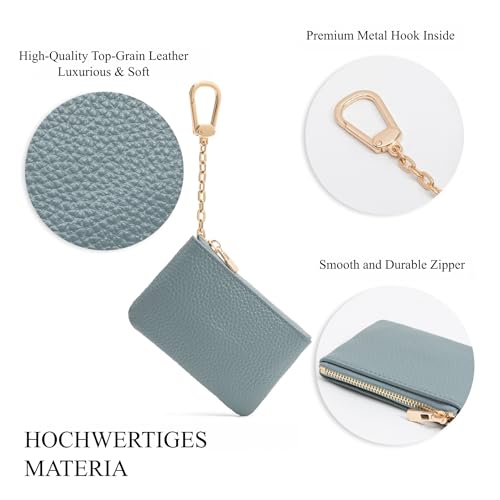 Full Grain Leather Coin Purse with Key Chain - Small Change Purse Keychain Card Holder Keychain Pouch Small Keychain Wallet for Women and Men (Powder Blue) - color: Powder Blue, Regular Size