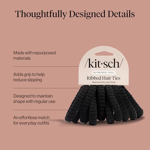 Kitsch Ribbed Hair Ties No Damage - Strong, Stretchy & Snag-Free Hair Bands | Soft Fabric Ponytail Holders, Stylish Elastics for Everyday Hairstyles | Ideal Gifts for Women - Black, 10pcs - color: Black Ribbed (Pack of 10)
