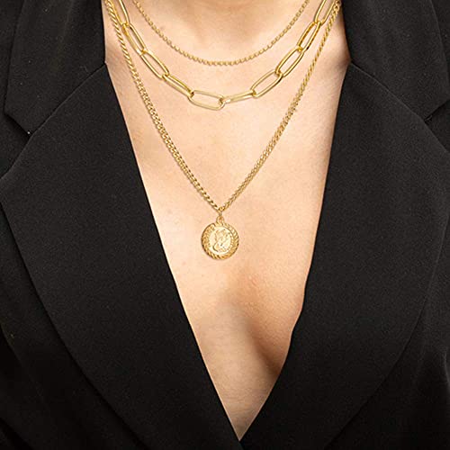 6PCS Layered Gold Necklaces for Women Trendy, 18K Gold Plated Cross Pendant Necklace Set, Vintage Chunky Gold Necklace Stack for Women Jewelry Gifts - style: Chunky Layered Necklace