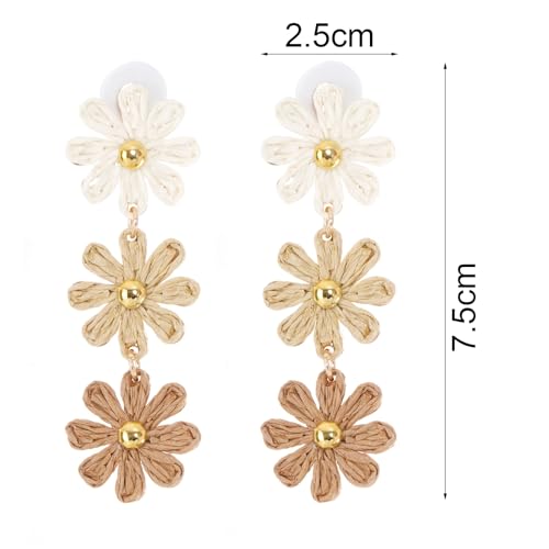 Raffia Flower Earrings Boho Handmade Straw Wrapped Drop Dangle Earrings for Women Summer Beach Jewelry - color: khaki