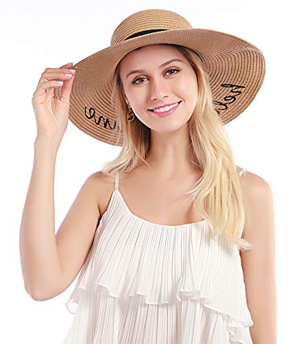 Double Couple Womens Straw Hat Wide Brim Floppy Beach Sun Hat for Women UPF 50+ Adjustable Strap Vacation - color: Hello Sunshine&khaki