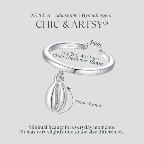 CHIC & ARTSY 925 Sterling Silver Open Toe Ring for Women - Lightweight Comfortable Yoga Toe Rings, Adjustable Stackable Toe Rings, Boho Coastal Vacation Beach Foot Jewellery - color: Conch