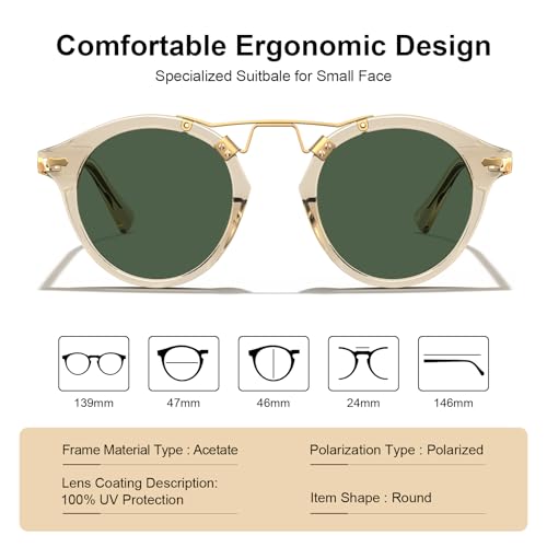 CARFIA Double Bridge Small Acetate Sunglasses for Women Polarized, Retro Metal Brow Ladies Sunnies Fashion Round Eyewears - color: 1. Clear Yellow Frame Green Lens