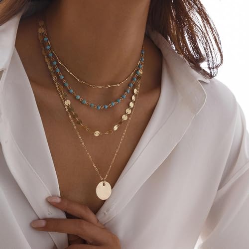 Gold Stack Necklace Chunky Necklaces for Women Trendy Coin Pendant Long Necklaces Western Jewelry for Women Cowgirl Cowboy Chic Country Outfit Boho Accessories Birthday Jewelry Gifts - color: C2