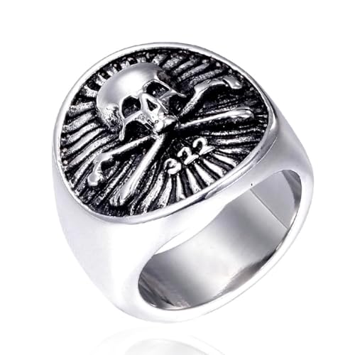 322 Skull and Bones Ring The Order of Death Titanium Steel The Eulogian Club Gothic Elite Heritage Biker Jewelry for Men - color: Silver