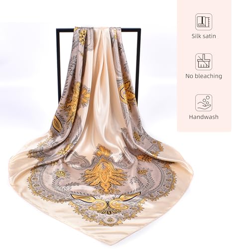 35 x 35 Women's Fashion Pattern Large Square Silk Like Hair Scarf Head Sleeping Wrap Satin Neck Bandana for Gift… - color: Garland Cashew Nuts-beige