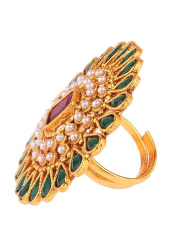 Efulgenz Indian Jewelry Rings for Women Antique Round Faux Pearl Crystal Bollywood Adjustable Big Finger Ring Fashion Party Statement Jewelry for Women - color: Green