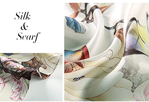 ANDANTINO 100% Silk Long Scarf-Women Large Oblong Shawls with Gift Packed - color: Beige-flower&birds