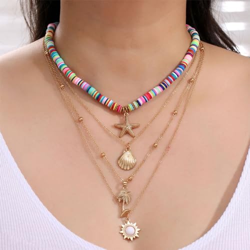 Shell Starfish Necklace for Women Pearl Beach Boho Layered Necklace Charm Accessories Summer Vacation Outfit 2026 - color: E:colorful beach necklace