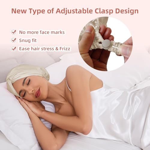Adjustable Silk Satin Hair Bonnet for Sleeping Women, Double Layer, Silk Hair Wrap for Sleeping Women Men, Curly Natural Braid Straight Unisex - Champagne - color: Champagne
