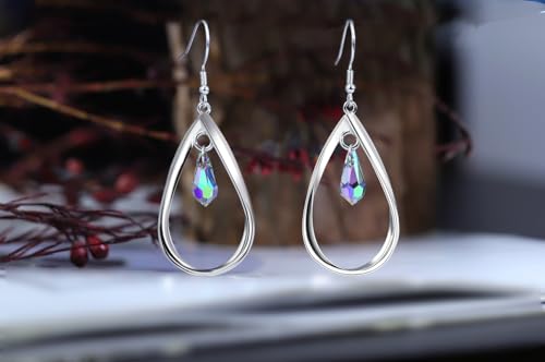 Rhodium Plate 925 Sterling Silver Hook Twist Leaf Holiday Hypoallergenic Dangle Earrings for Women Gifts Engagement Wedding with Austrian Daiamond Cut Waterdrop Crystal Hight Polished Long :1.9 IN - color: Dark color