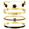 MOINSPIRE Gold Bracelets for Women, 18K Gold Plated Tennis Nail Clover love Bangle Bracelets Set Non Tarnish, Stainless Steel Trendy Stackable Bracelet Fashion Jewelry Accessories Gifts for Christmas - color: C1-Black