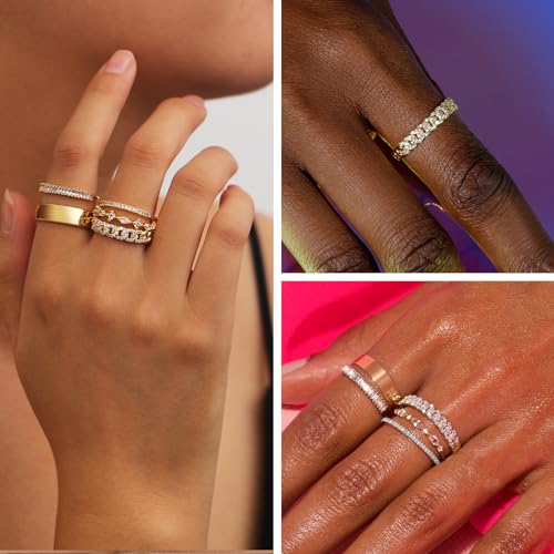 FUNEIA Stackable Gold Rings for Women Non Tarnish Trendy Dainty 14K Gold Plated Stacking Cubic Zirconia Thumb Ring Set Pack Statement Chunky Band Rings Promise Engagement Rings Size 7 8 9 10 11 - color: A-5Pcs Ring Set