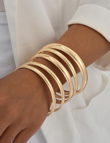 Chunky Gold Bangle Bracelets for Women, Dainty 14k Gold Plated Big Stackable Bangles Set, Trendy Cuff Bracelet Stack Fashion Jewelry Gifts - style: 5 Thin gold bangles
