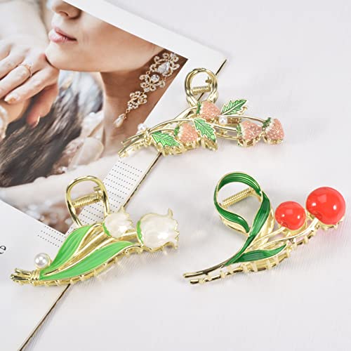 3-Piece Floral Metal Hair Accessories: Strawberry Cherry Tulip Barrettes, Elegant Strong Hold Non-Slip Clamps for Thin/Medium Thick Hair